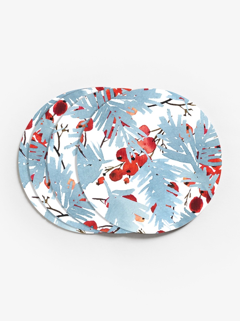 Watercolor Blue Spruce and Berries Vinyl Coasters (Set of 4)