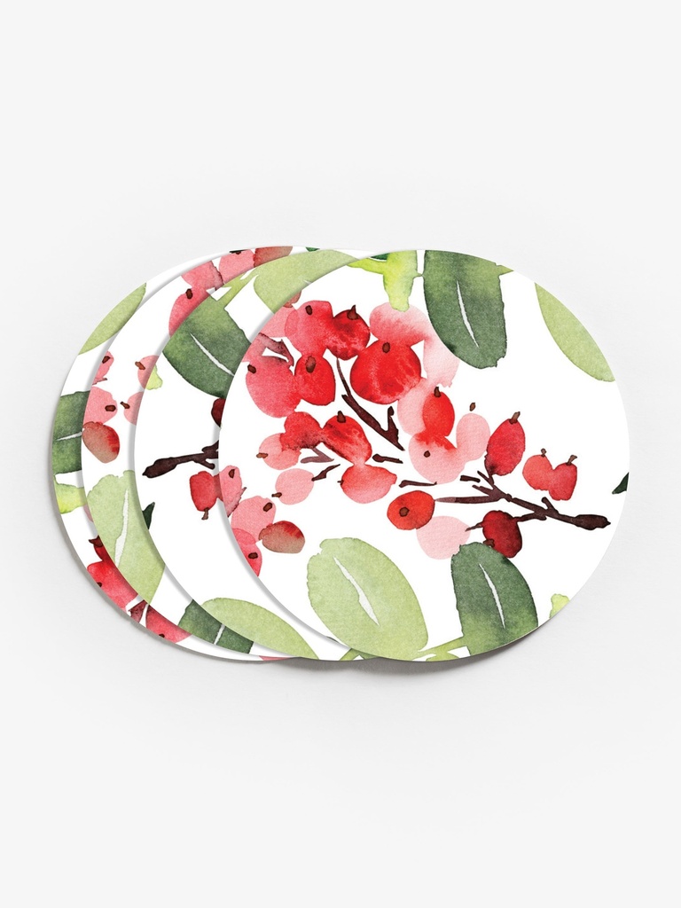 Watercolor Holly and Ivy Vinyl Coasters (Set of 4)