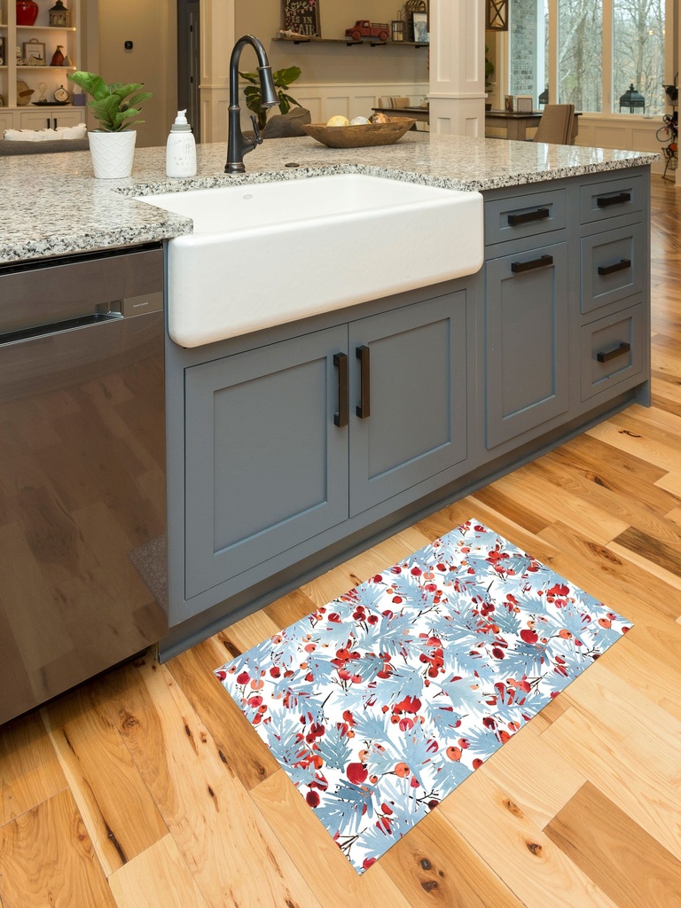 Watercolor Blue Spruce and Berries Vinyl Kitchen Mat