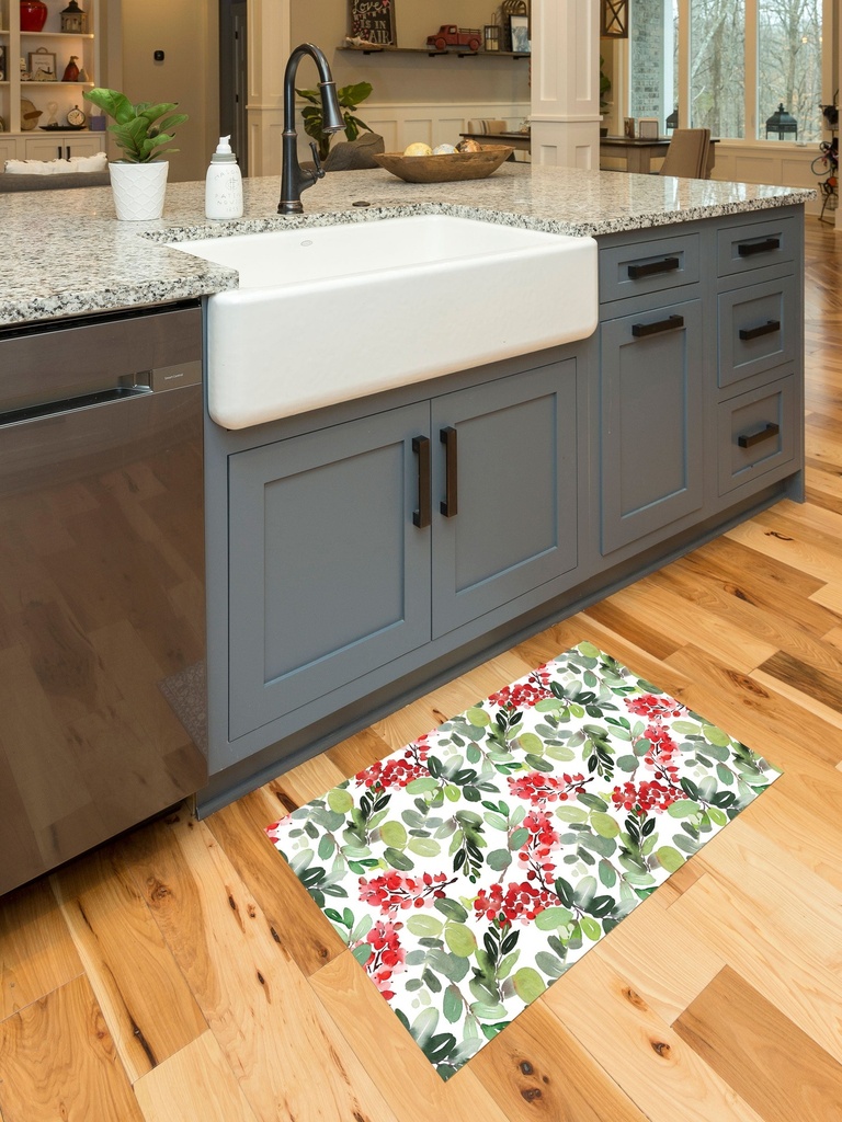 Watercolor Holly and Ivy Vinyl Kitchen Mat